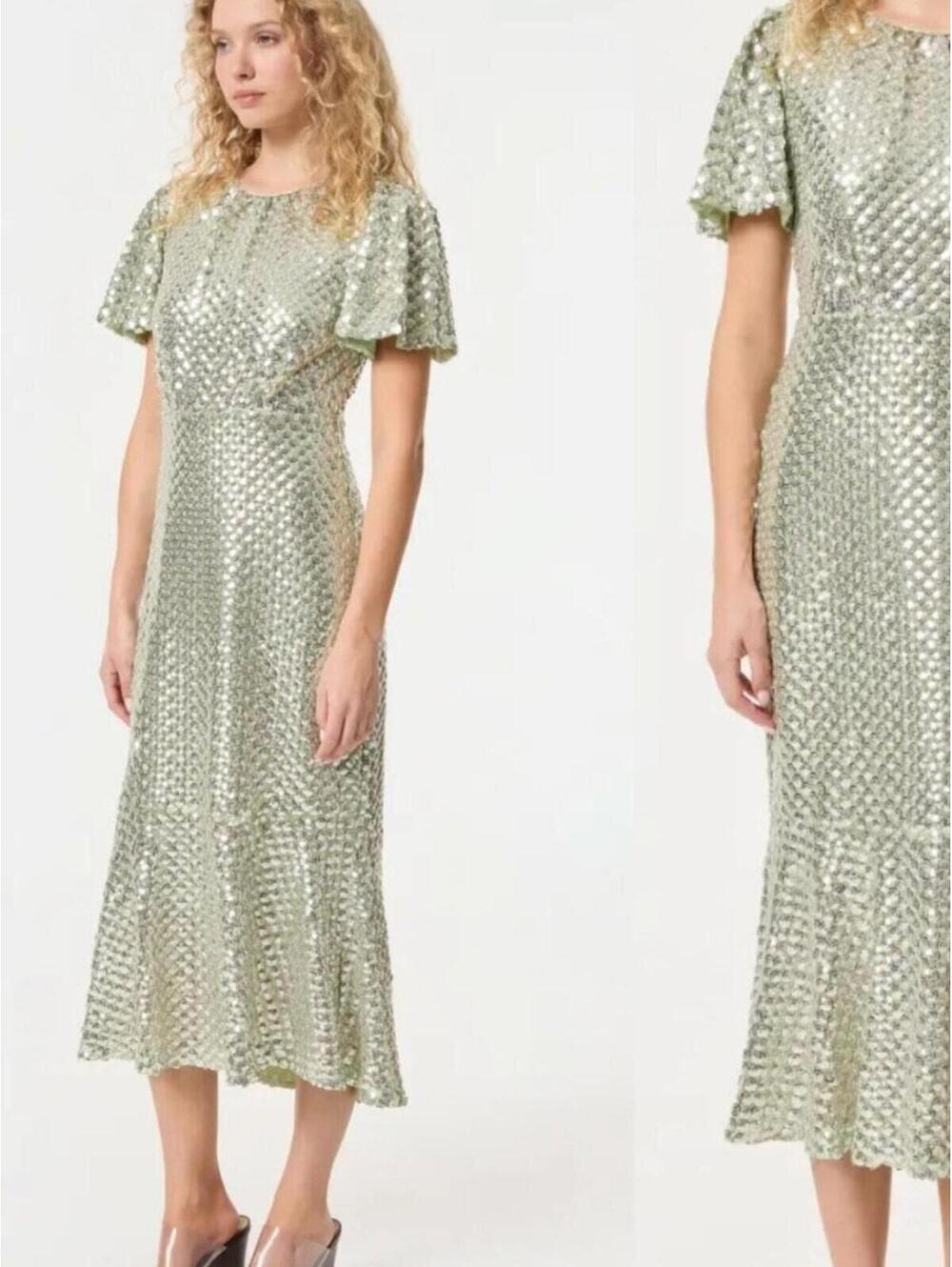 RHODE Nicolette Sage Green Sequin Silk Maxi Dress NWT Size 0